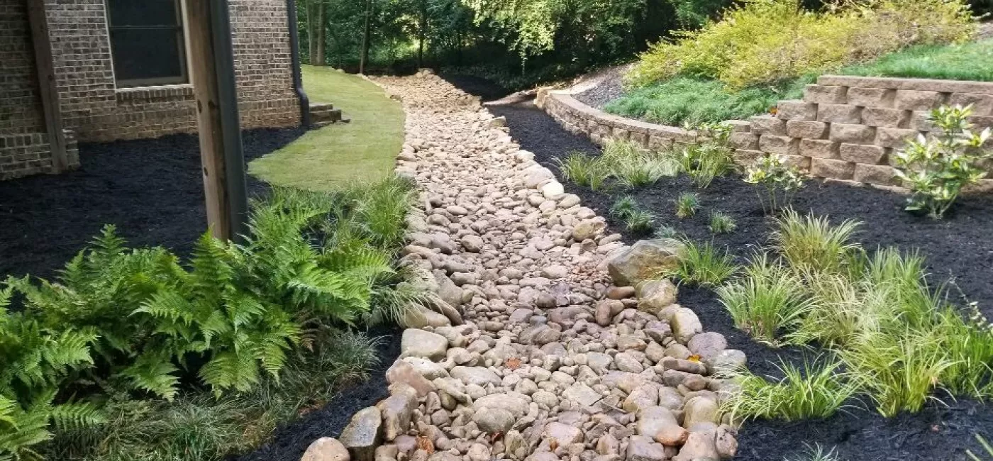 River rock creekbed through landscape with vegetation.