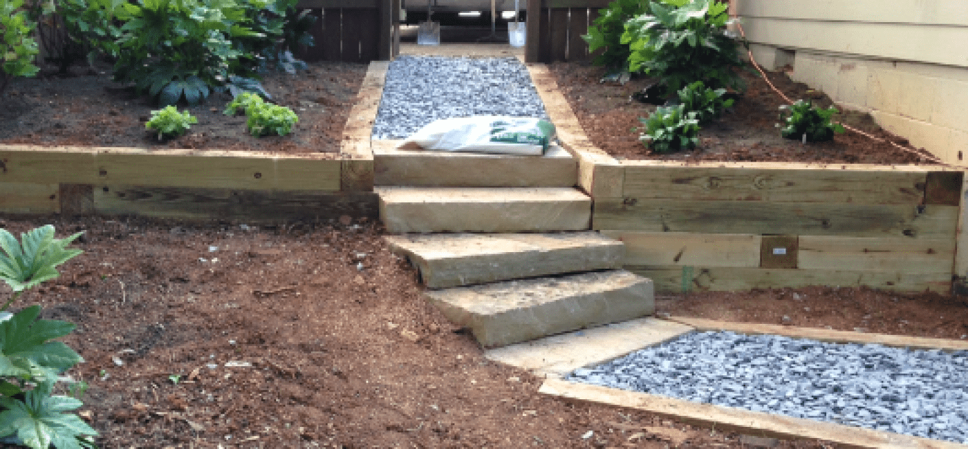 simple timber and stone steps, slate